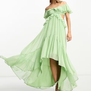 Asos Ruffle Cut Out Off The Shoulder  Mint Green High Low  Maxi Dress Size 10